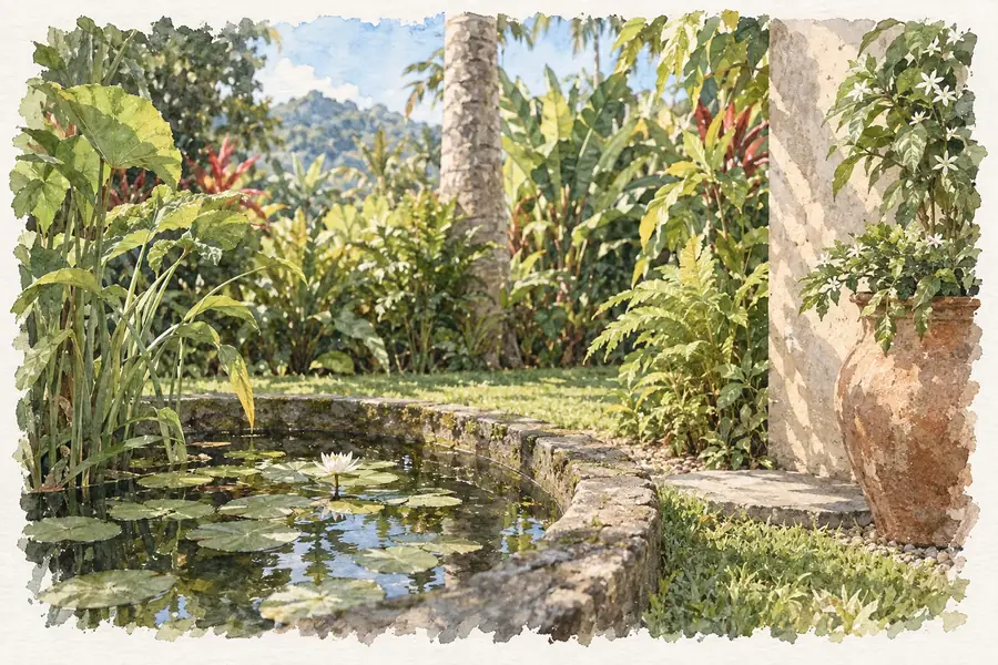 Un bassin aux nénuphars, une jarre et des plantes d’eau dans un jardin tropical