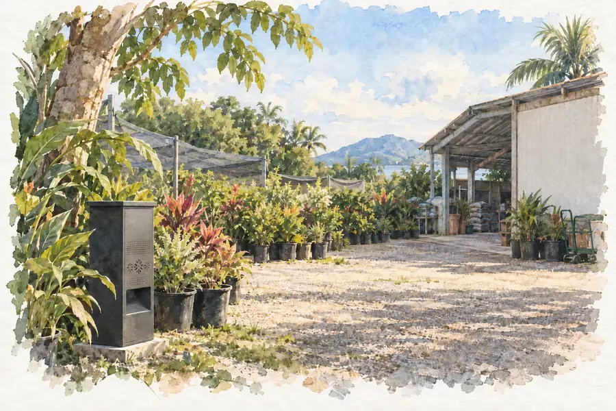 Une borne anthracite au dépôt de Green Concept, entre les plantes en pot et le hangar