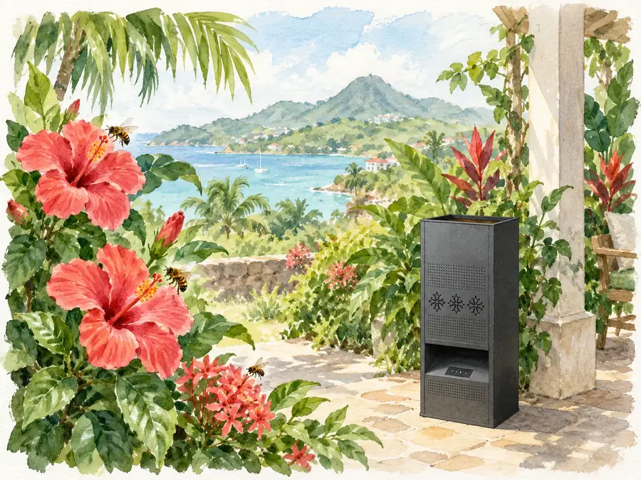 Des abeilles sur des hibiscus, une borne anthracite sur la terrasse, la baie au loin