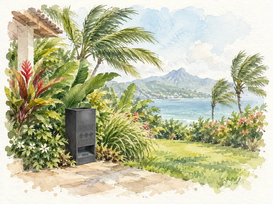 Une borne anthracite à l’abri d’un massif, dans un jardin face à la mer où les cocotiers plient sous le vent