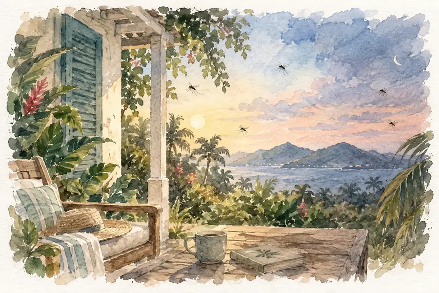 Une terrasse créole au coucher du soleil, des moustiques qui se lèvent avec le soir