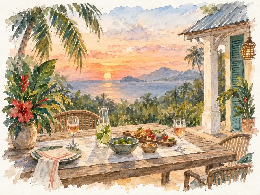 Une table dressée pour l’apéro sur une terrasse créole, face à la mer au coucher du soleil