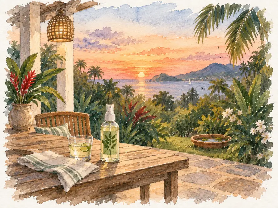 Un flacon de répulsif sur une table de terrasse au coucher du soleil, une soucoupe d’eau dans le jardin