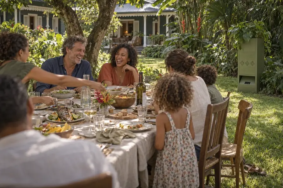 Un repas en famille dans un jardin créole, une borne verte à l’abri d’un massif