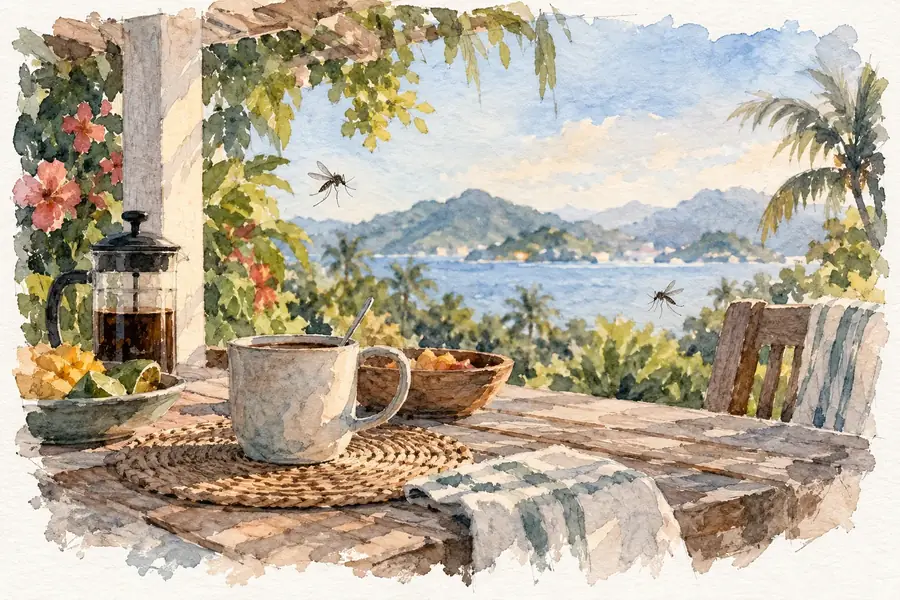 Un café du matin sur une terrasse face à la mer, deux moustiques en vol